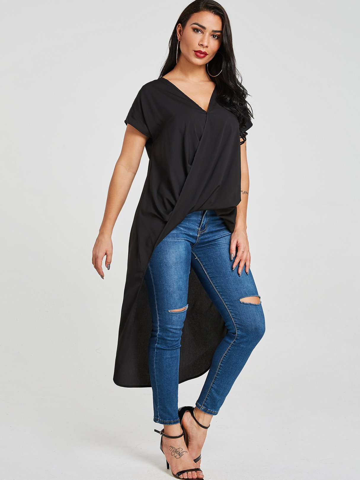 Wholesale V-Neck Crossed Front Short Sleeve Black Blouses