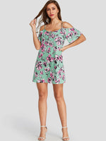 Wholesale Green Cold Shoulder Short Sleeve Floral Print Lace-Up Mini Dresses