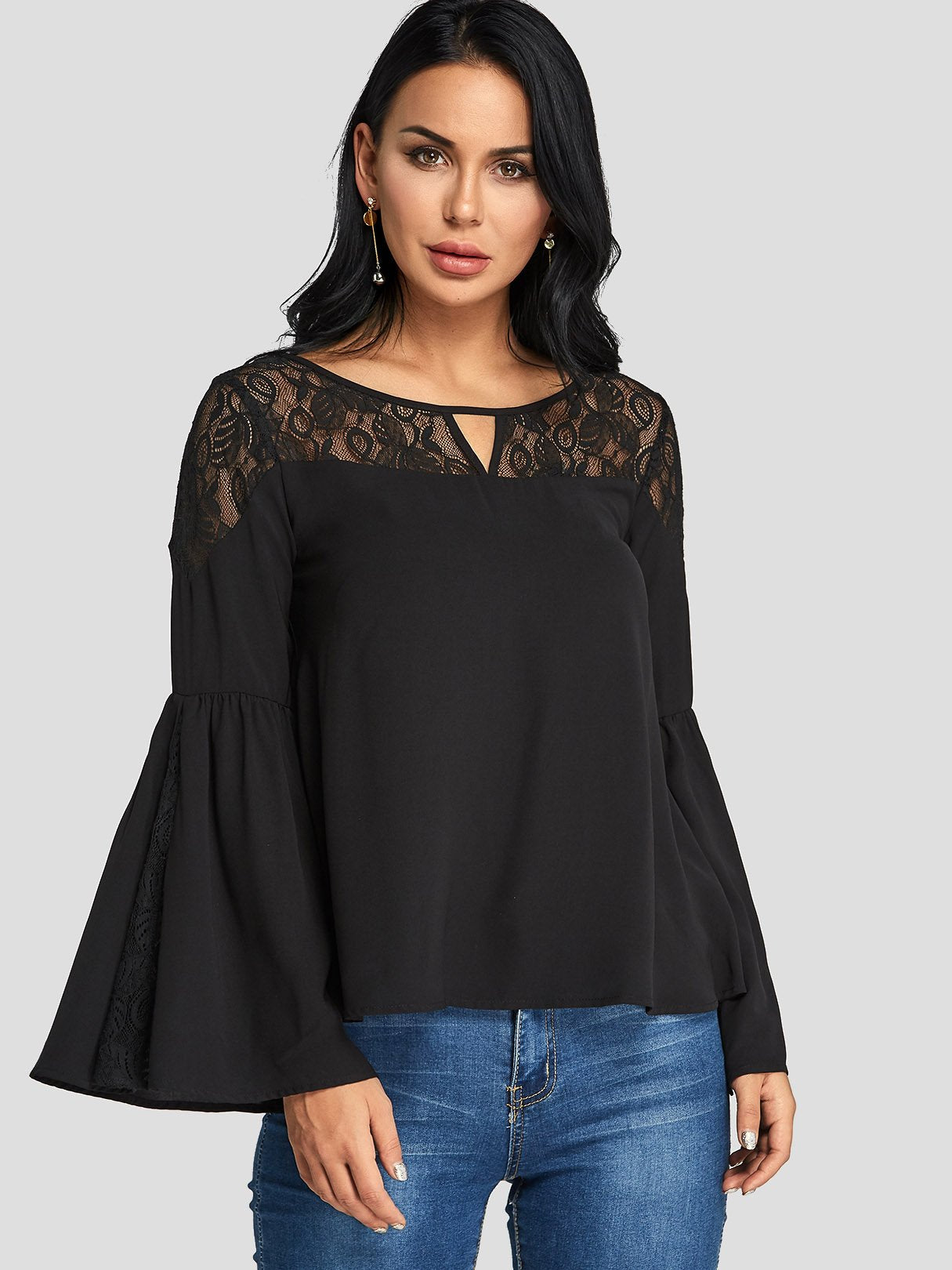 Wholesale Round Neck Plain Lace Hollow Long Sleeve Black Blouses