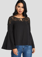 Wholesale Round Neck Plain Lace Hollow Long Sleeve Black Blouses