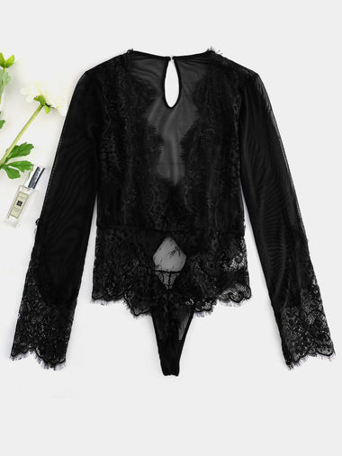Wholesale V-Neck Lace Long Sleeve Black Plus Size Intimates