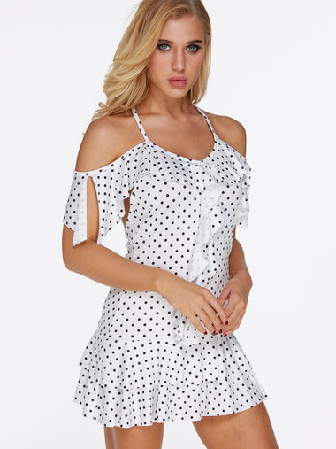 Wholesale White Scoop Neck Sleeveless Polka Dot Backless Tie-Up Ruffle Trim Beachwear