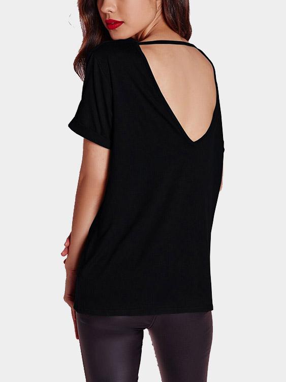 Wholesale V-Neck Cut Back Black T-Shirts