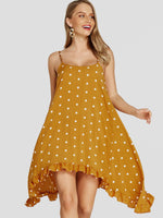 Wholesale Yellow Sleeveless Polka Dot Spaghetti Strap Flounced Hem Casual Dresses