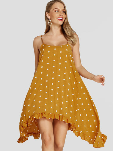 Wholesale Yellow Sleeveless Polka Dot Spaghetti Strap Flounced Hem Casual Dresses