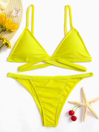 Wholesale Yellow V-Neck Sleeveless Plain Spaghetti Strap Bikinis