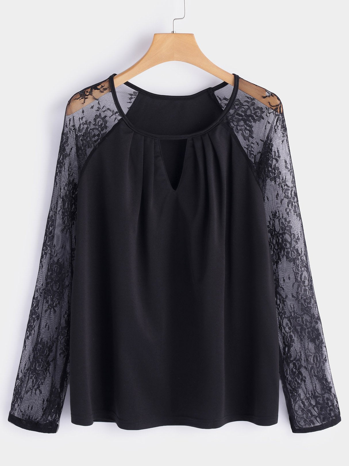 Wholesale Round Neck Lace Cut Out Long Sleeve Black Fashion T-Shirt