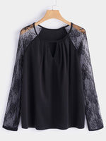 Wholesale Round Neck Lace Cut Out Long Sleeve Black Fashion T-Shirt
