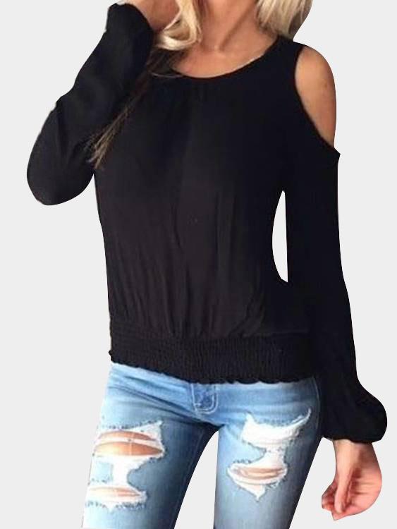 Wholesale Round Neck Cold Shoulder Plain Cut Out Long Sleeve Black T-Shirts