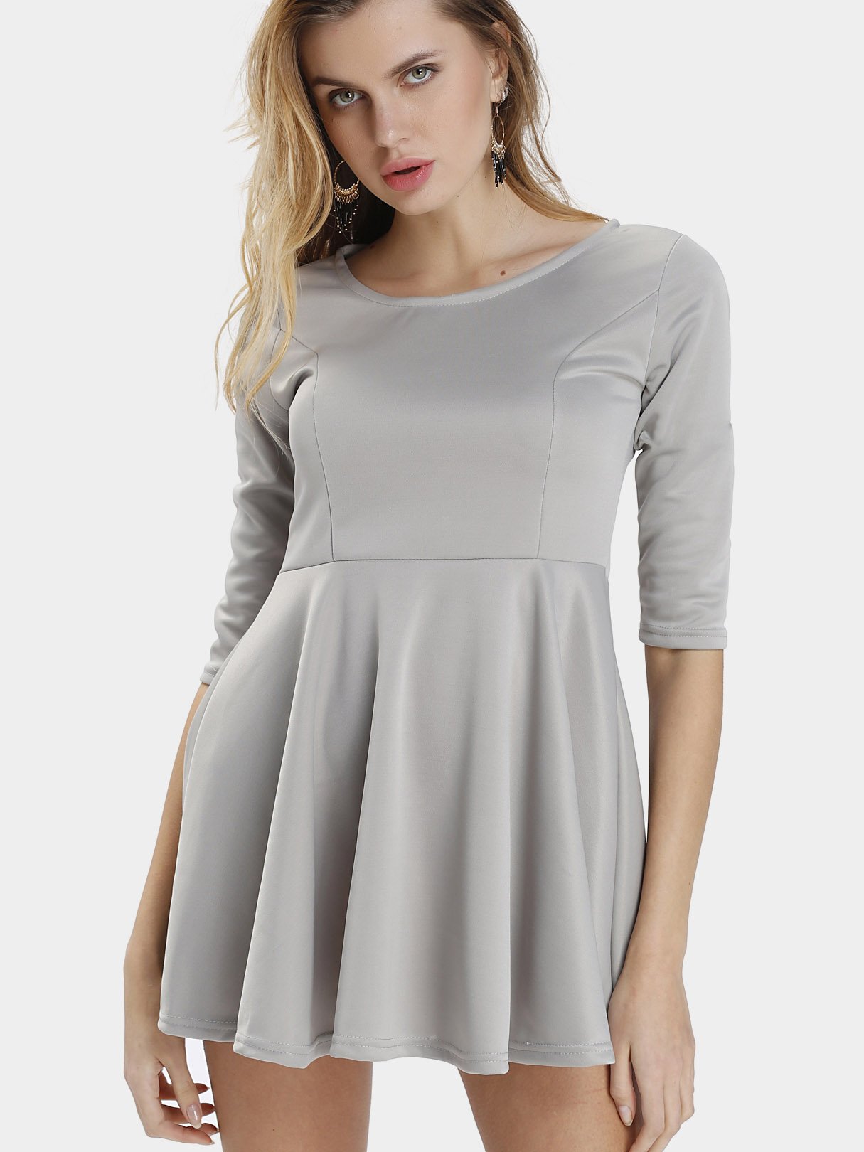 Wholesale Round Neck 3/4 Sleeve Length Plain Zip Back Mini Dresses