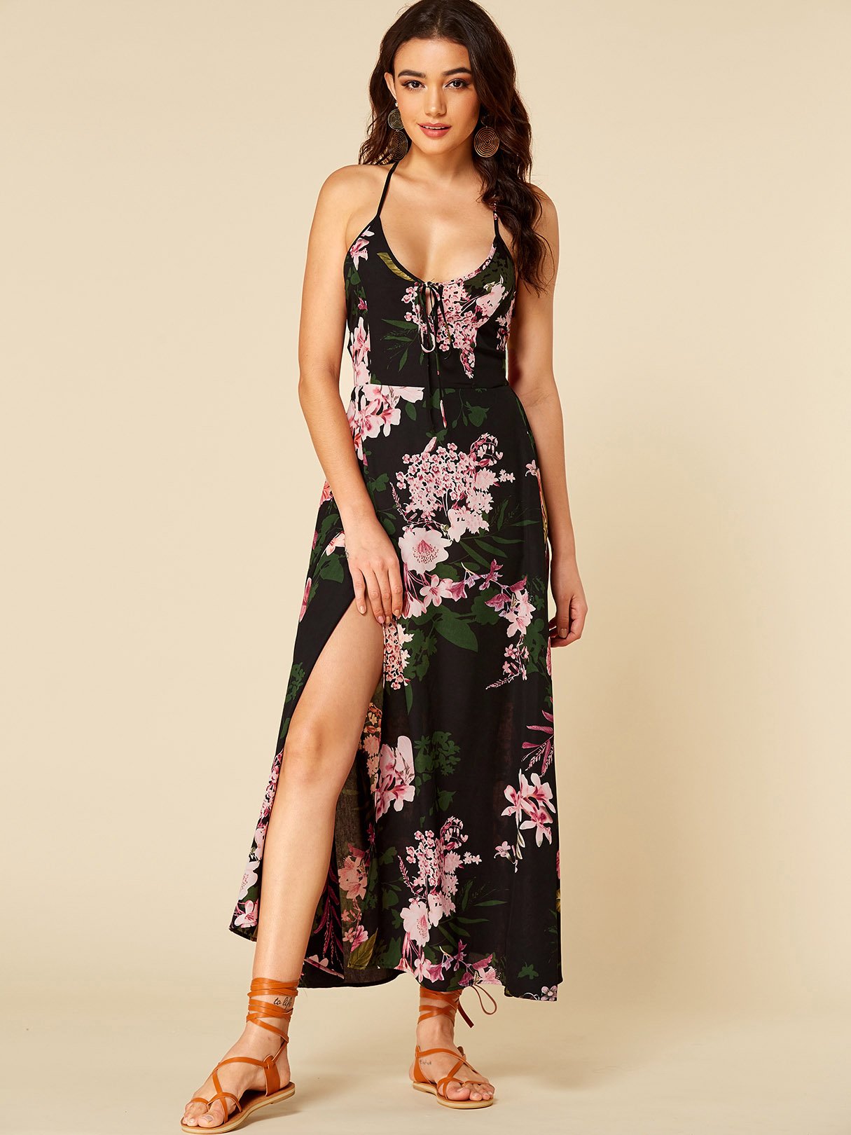 Wholesale Black Scoop Neck Sleeveless Floral Print Backless Lace-Up Spaghetti Strap Slit Hem Dresses
