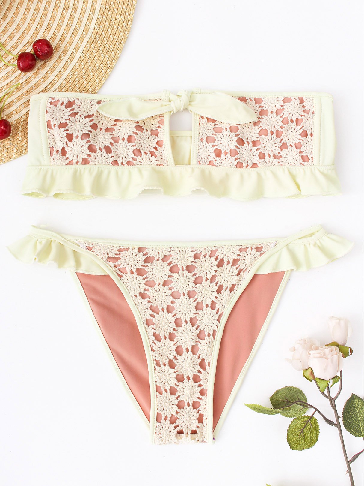 Wholesale Yellow Strapless Sleeveless Plain Hollow Wireless Two Piece Bikinis
