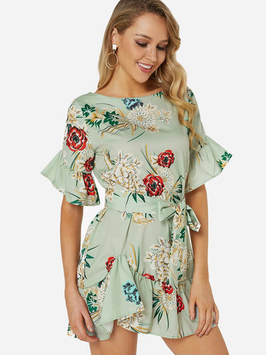Wholesale Green Round Neck Floral Print Lace-Up Pleated Belt Self-Tie Flounced Hem Mini Dresses