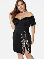 Wholesale Off The Shoulder Floral Print Backless Short Sleeve Slit Hem Black Plus Size Dresses
