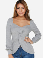 Wholesale Square Neck Plain Crossed Front Long Sleeve Grey T-Shirts