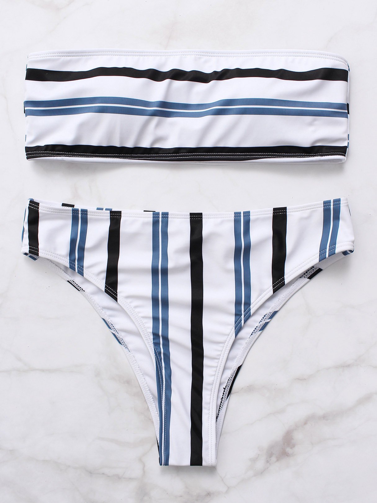 Wholesale Off The Shoulder Stripe Sleeveless White High Waist 2 Piece Bikinis