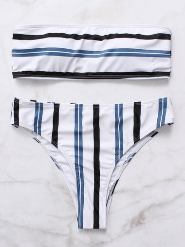Wholesale Off The Shoulder Stripe Sleeveless White High Waist 2 Piece Bikinis