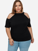 Wholesale Round Neck Cold Shoulder Plain Cut Out Short Sleeve Black Plus Size Tops