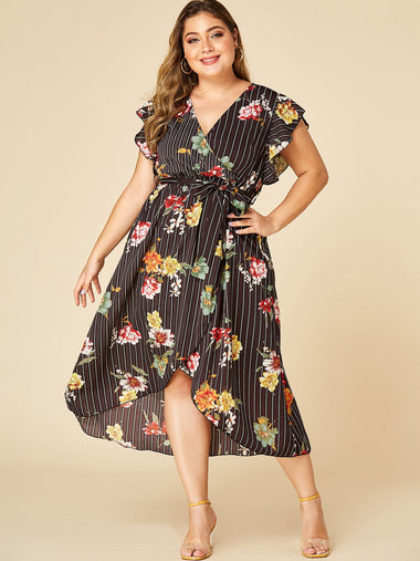 Wholesale V-Neck Stripe Floral Print Self-Tie Wrap Short Sleeve Black Plus Size Dress