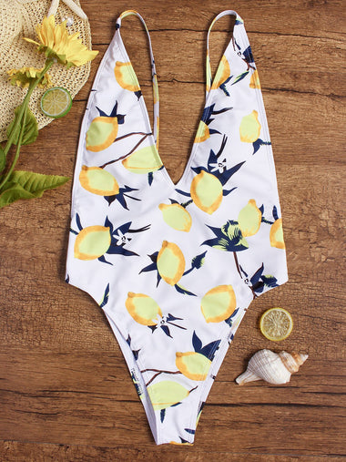 Wholesale Deep V Neck Sleeveless Floral Print Backless One-Pieces