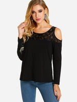 Wholesale Cold Shoulder Lace Long Sleeve Black T-Shirts