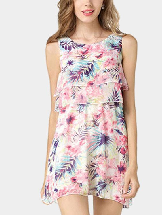 Wholesale Round Neck Sleeveless Floral Print Dresses