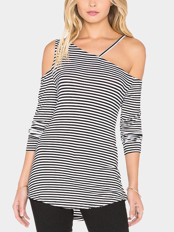 Wholesale Asymmetrical Cold Shoulder Stripe Long Sleeve T-Shirts