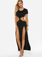 Wholesale Black Round Neck Short Sleeve Plain Cut Out Slit Hem Maxi Dress