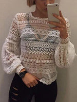 Wholesale Round Neck Lace Hollow Long Sleeve White Blouses