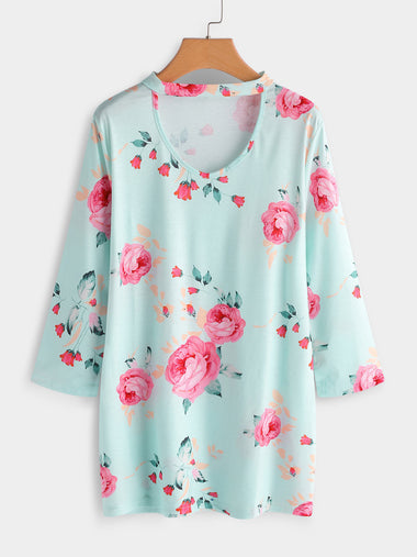Wholesale V-Neck Floral Print Cut Out Long Sleeve Plus Size Tops
