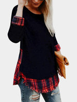 Wholesale Round Neck Grid Long Sleeve Curved Hem T-Shirt