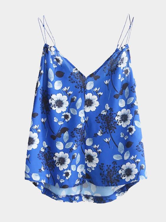Wholesale Floral Print Sleeveless Irregular Hem Blue Camis