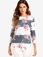 Wholesale Round Neck Floral Print 3/4 Sleeve Curved Hem T-Shirts