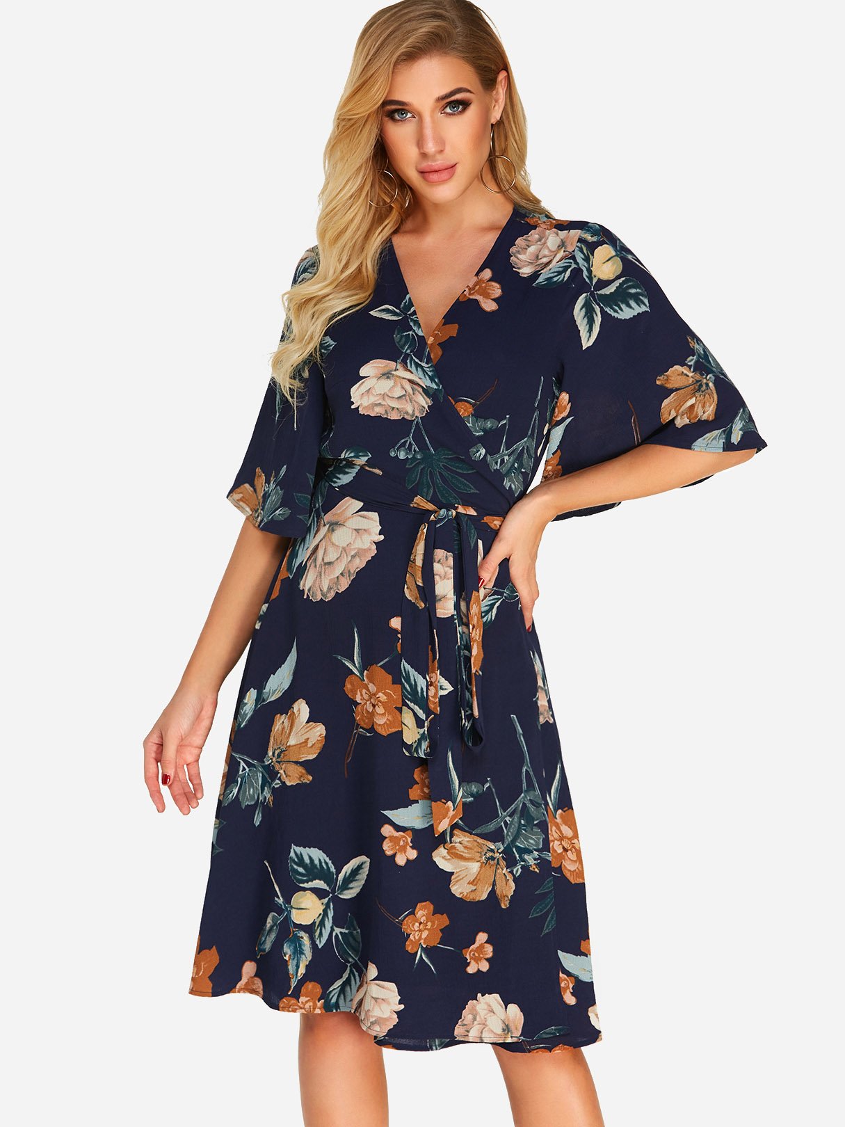 Wholesale V-Neck Half Sleeve Floral Print Wrap Dresses