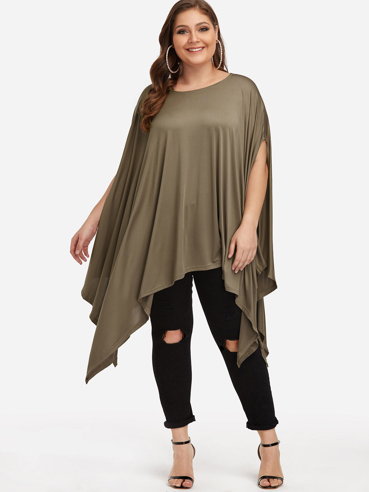 Wholesale Round Neck Plain Half Sleeve Handkerchief Hem Army Green Plus Size Tops