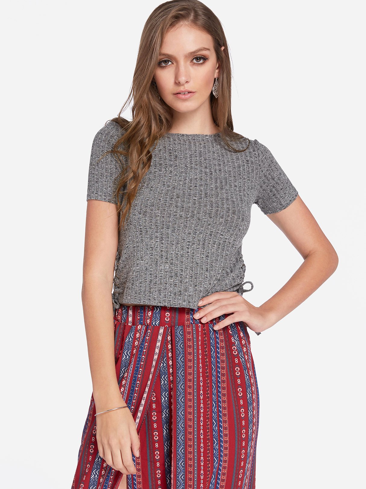 Wholesale Round Neck Lace-Up Short Sleeve Grey T-Shirts