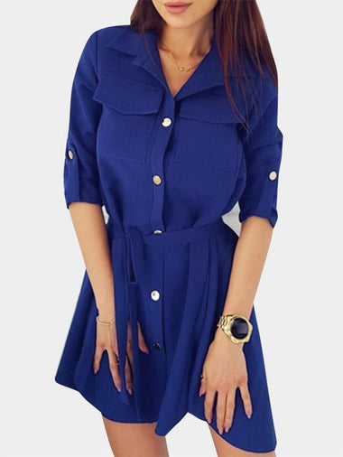 Wholesale Classic Collar Plain Lace-Up Long Sleeve Curved Hem Blue Shirt Dresses