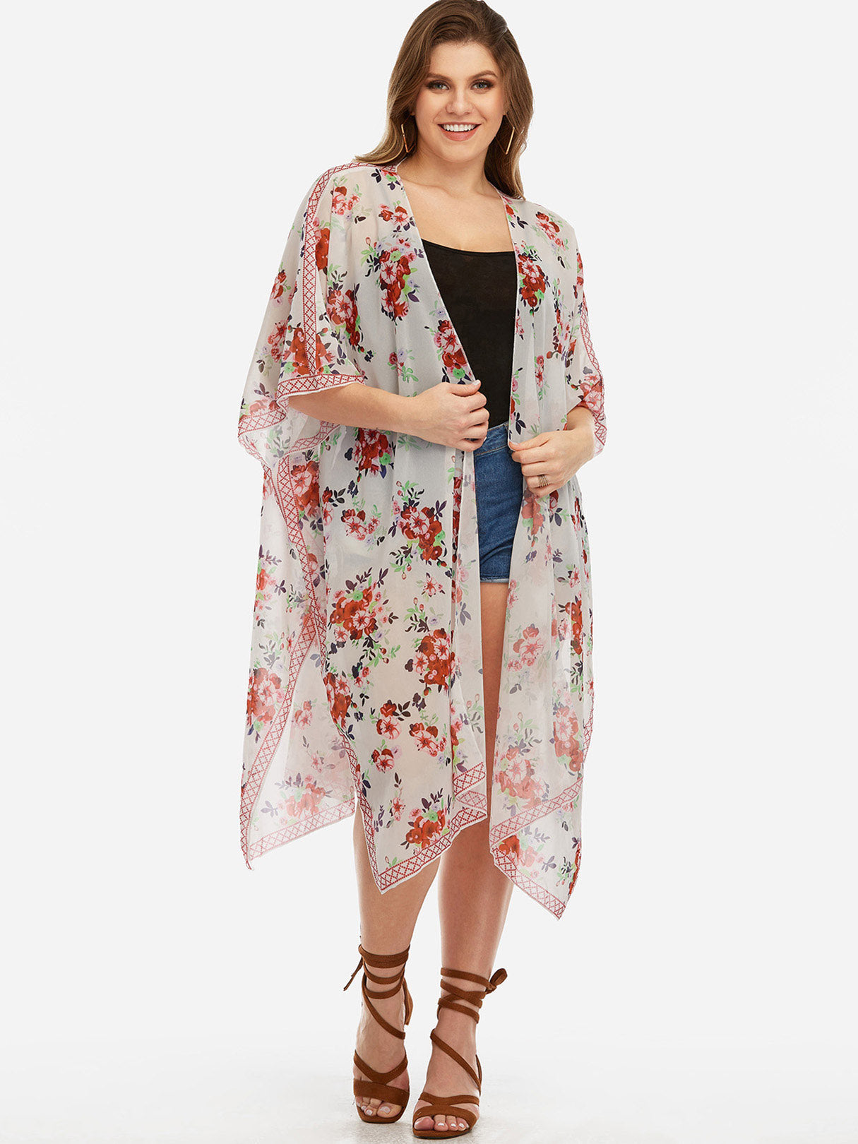 Wholesale Floral Print Half Sleeve White Plus Size Tops