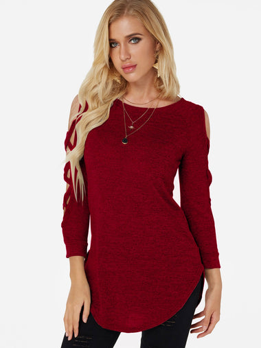 Wholesale Round Neck Cold Shoulder Plain Crossed Front Lace-Up Cut Out Long Sleeve Curved Hem T-Shirts