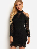 Wholesale Black Halter Cold Shoulder Long Sleeve Plain Tassel Hem Sexy Dress