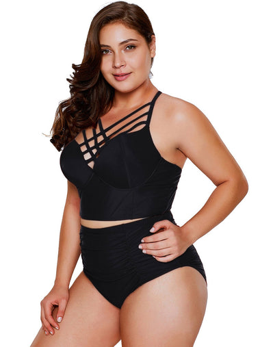 Wholesale Crossed Collar Criss-Cross Sleeveless High-Waisted Black Plus Size Swimwear