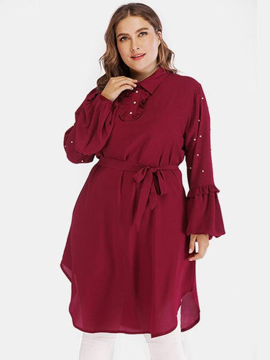Wholesale Classic Collar Plain Handmade Beaded Self-Tie Ruffle Trim Long Sleeve Burgundy Plus Size Tops