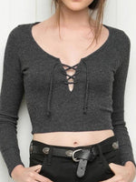 Wholesale V-Neck Long Sleeve Lace-Up Fashion Top