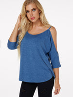 Wholesale Cold Shoulder Plain 3/4 Sleeve Blue T-Shirts
