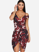Wholesale Burgundy Cold Shoulder Deep V Neck Short Sleeve Camouflage Crossed Front Cut Out Pleated Slit Hem Dresses