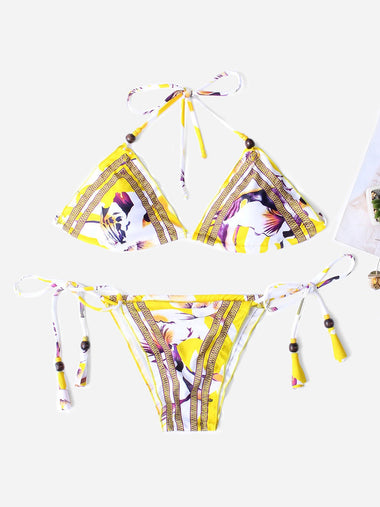 Wholesale Floral Print Sleeveless Yellow 2 Piece Bikini