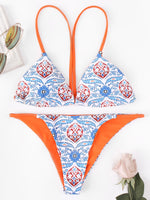 Wholesale Blue Halter Sleeveless Floral Print Backless Two Piece Bikinis