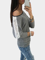 Wholesale Round Neck One Shoulder Lace Long Sleeve Grey Top