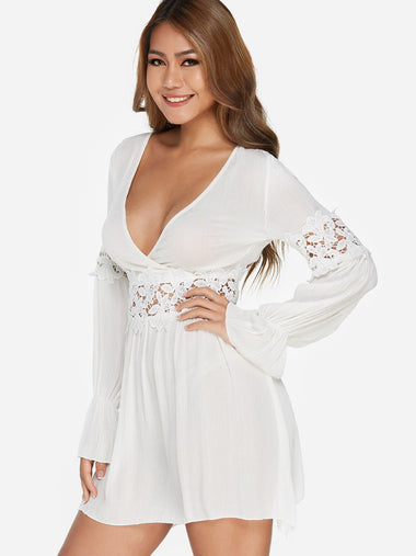 Wholesale White Deep V Neck Long Sleeve Lace Backless Hollow Dresses