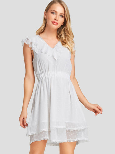 Wholesale White V-Neck Sleeveless Plain Tassel Hem Dresses